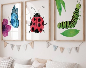 Bug insect posters set of 3 wall art for kids bedroom Gender neutral nursery prints caterpillar, lady bug and the butterfly Colorful Insects