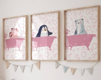 Girl Bathroom Decor Kids Bathroom Wall Decor Kids Bathroom Art Dorm Room Decor cute washroom art watercolor painting animal art set gift