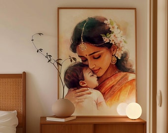 Indian Art print Mother & Child Art Print Motherhood Poster Gift to mom to be Indian friend gift South Asian Art Indian Mom Gift traditional
