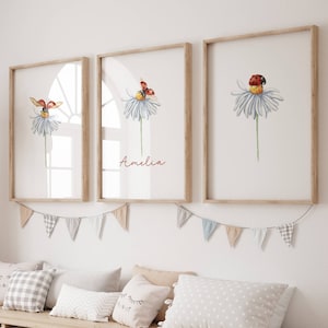 Nombre personalizado imprimible nombre personalizado impresión vivero impresión mariquita conjunto de 3 nuevo bebé nacimiento impresión niños pared arte baby shower regalo conjunto lindo
