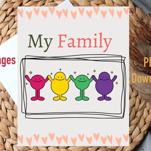 15 pages, Ma famille, Guide d'étude pour les enfants d'âge préscolaire, École à la maison à imprimer, PDF pour une petite fille, Feuille de travail pour l'âge préscolaire, Tout sur moi, Jardin d'enfants