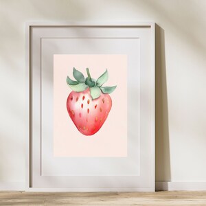 Strawberry Wall Art, Fruit and Botanical Watercolor Painting, Strawberry Art Print, Kitchen Art, Kids Room Wall Art, Minimal Strawberry art