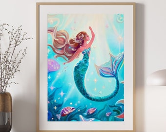 Kunst aan de muur zeemeermin, print zeemeermin meisje, kinderkamerinrichting, zeemeerminkunst, kinderen oceaankunst aan de muur, decor zeemeermin slaapkamer, onder de zee speelkamerkunst