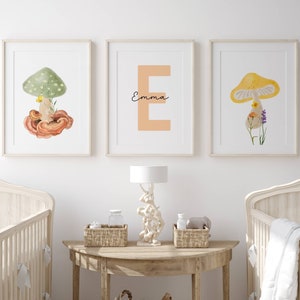 Personalized name sign Initial Custom Wildflowers Prints watercolor mushroom Floral nursery Wall Art Boho Baby girl Nursery Art girl gift