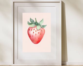 Strawberry Wall Art, Fruit and Botanical Watercolor Painting, Strawberry Art Print, Kitchen Art, Kids Room Wall Art, Minimal Strawberry art