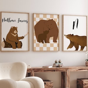 Decoración de guardería personalizada, regalo para un amigo, impresión de nombre personalizada, juego de arte de pared de oso, impresión de iniciales personalizadas, póster de iniciales personalizado, regalo