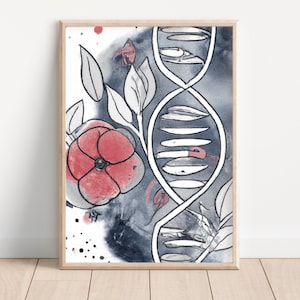 Impresión de arte de acuarela de ADN, cartel de arte médico, arte de pared abstracto de acuarela, cartel de ciencia, biología imprimible, arte de molécula de ADN de ciencia