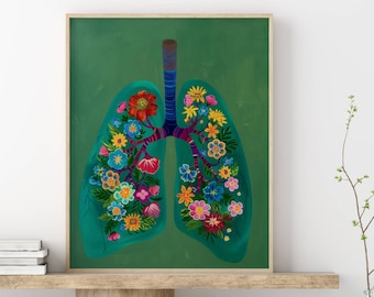 Pulmones pared arte cartel médico anatomía humana impresión terapia respiratoria regalo neumólogo regalo pulmones flor anatomía impresión cartel de ciencia