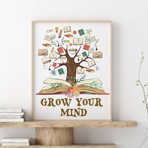 Könnte beinhalten: Gerahmter Kunstdruck mit einem Baum aus Büchern und dem Text "GROW YOUR MIND". Die Illustration zeigt offene Bücher und Bildungssymbole. Der Druck wird auf einem Holzregal präsentiert, was einen dekorativen Akzent setzt.