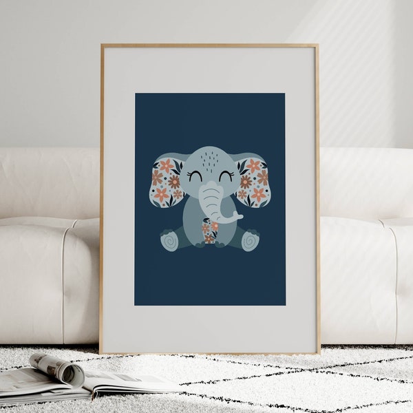 Baby Elephant Nursery Print Playroom Printable Wall Art Blue Baby Room Decor monochromatic painting Printable Elephant Wall Art Indian Art