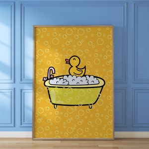 May include: A yellow rubber ducky is taking a bath in a yellow bathtub with white bubbles. The background is a yellow pattern of white circles.