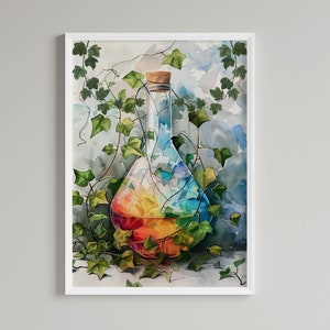 May include: A watercolor painting of a glass bottle with a cork stopper, filled with a colorful liquid. The bottle is surrounded by green ivy vines.