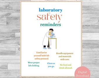 May include: A printable poster with a cartoon scientist looking through a microscope. The poster has the text "laboratory safety reminders" and lists safety rules for a lab, such as "Familiarize yourself with lab safety protocol", "Wear proper lab clothing", "Handle equipment and materials with care", "Clean as you go", and "No food and drink allowed".