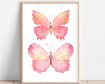Butterfly Print, Girl's Nursery Print, Watercolor Butterfly Nursery Art DIGITAL DOWNLOADS, Butterfly Nursery Pictures, Pink Room Decor Print