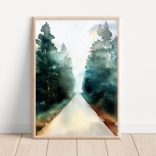 Pine Trees Watercolor Art Print, Evergreens PRINTABLE ART, Pine Trees Poster, road painting, Misty Forest Foggy Landscape Art Print, Gift