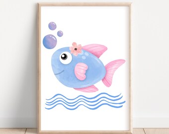 bathroom wall art, kids bathroom art, kids bathroom decoration, bathroom wall art digital, kids bathroom signs printable, fish wall art gift
