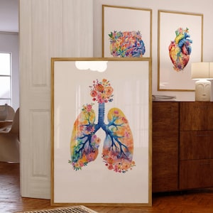 Human Anatomy Posters Brain Watercolor Print Lungs Wall Art Human Heart Medical Office Decor Science classroom decor Biology Graduation Gift