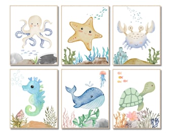 May include: Set of six watercolor illustrations featuring various sea creatures, including an octopus, starfish, crab, seahorse, whale, and turtle. Each illustration is set against a background of seaweed and coral.