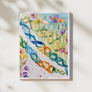 Watercolor DNA strand wall art, Scientific decor with DNA illustration, Modern molecular biology prints, DNA strand wall art for biology