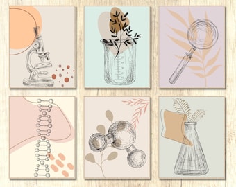 Impresiones de pared de ciencias, impresiones de acuarela boho, arte de pared de aula boho, decoración de guardería, impresiones de biología, química, decoración del aula de ciencias