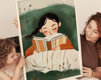 May include: A framed illustration of a girl reading a book in a green field. The girl is wearing a brown sweater and a white skirt. The book is open and has a yellow and brown striped cover.