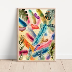 以下が含まれることがあります： カラフルなバクテリアと葉の水彩画。バクテリアは様々な形と大きさで、葉は緑と黄色です。背景は薄い黄色です。