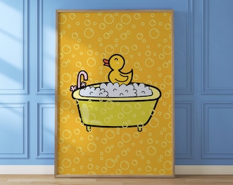 May include: A yellow rubber ducky is taking a bath in a yellow bathtub with white bubbles. The background is a yellow pattern of white circles.