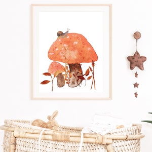 watercolor mushroom painting, fungi lover gift, woodland theme, forest-inspired art, mushroom watercolor prints, rustic home decor, orange
