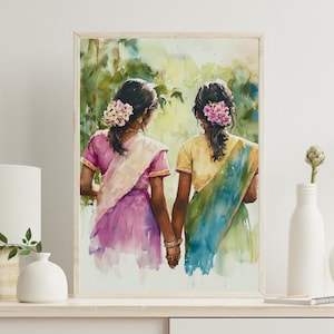 May include: Watercolor painting of two women wearing colorful saris and walking side by side. They are both wearing flowers in their hair and are looking away from the viewer.