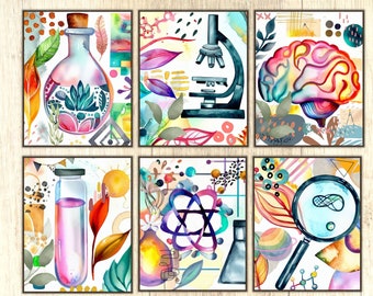 Láminas de ciencia para pared, láminas de acuarela bohemias, arte bohemio para pared de aula, decoración infantil, láminas de biología, química, carteles de ciencia
