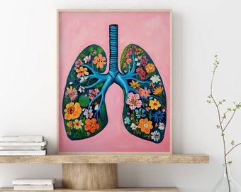 May include: A framed print of a blue anatomical heart with colourful flowers growing inside. The background is a light pink colour.