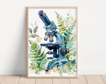 Microscópio arte ciência imprimível microbiologia arte presente para colega de trabalho decoração médica sala de aula decoração laboratório de ciências microscópio aquarela
