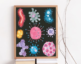 Microbe Collection Bacteria virus wall art laboratory art Science art microbiology biology art watercolor print science decor science gift