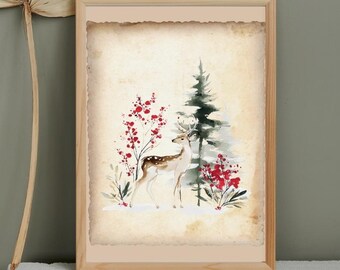 Christmas Winter Forest Watercolor Landscape Christmas Tree Art Printable Rustic Holiday Decor Winter Farmhouse Print Vintage Home Decor
