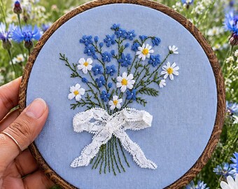 Hand Embroidered Blue Wildflower Bouquet Hoop Art, Cottagecore Botanical Wall Decor
