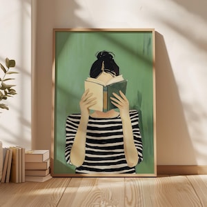 reading woman art green illustration minimalist striped design reading woman wall art Minimalist book lover print green aesthetic artwork