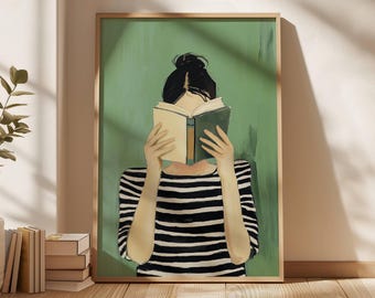 reading woman art green illustration minimalist striped design reading woman wall art Minimalist book lover print green aesthetic artwork