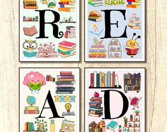 May include: Four colorful printable wall art prints with the word "READ" spelled out in large black letters. Each letter is surrounded by illustrations of books, owls, and other reading-themed imagery. The prints are perfect for a child's bedroom or a classroom.