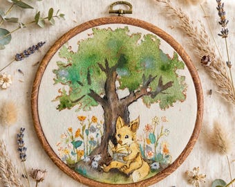 Hand Painted Fox Wall Art, Cute Fox Reading Book, Woodland Nursery Decor, Cottagecore Animal Wall Art, Storybook Forest Art, Fabric Painting