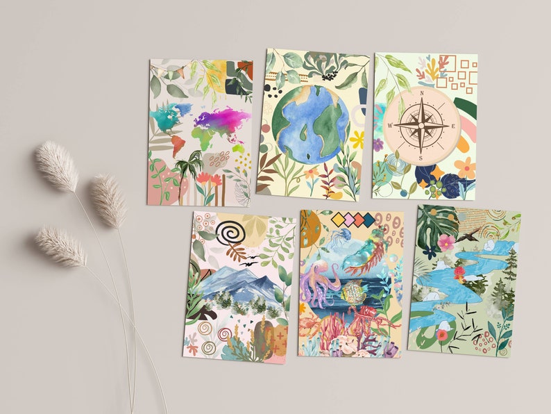 May include: Set of six colorful illustrated cards featuring nature scenes. The cards include a compass, a globe, a mountain range, an octopus, a river, and a world map.