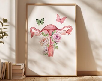 May include: A watercolor illustration of a female reproductive system with pink flowers and green butterflies.