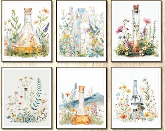 Science Wall Prints Watercolor prints chemistry posters scientist gift office room decor Science Posters Biology floral Classroom Wall Art