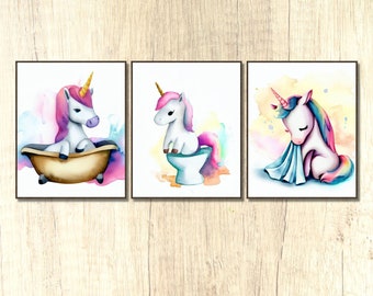 Unicorn Bathroom Art set, Unicorn Print, Kids Bathroom Arts, Unicorn Bathroom Decor, Funny Bathroom Wall Arts, Girl Bathroom Art set, gift