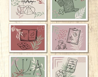 Set di 6 poster di matematica, poster per insegnanti, stampe artistiche educative, stampe di matematica, decorazioni per aule, arte murale di matematica, decorazioni per bambini, arte orizzontale