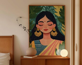 May include: A colorful illustration of a woman with closed eyes, wearing a blue and yellow striped shirt and a pink and yellow sari. She has long black hair and is wearing large gold earrings. The background is a green and yellow tropical leaf pattern.
