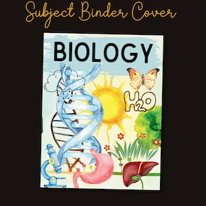 Könnte beinhalten: Ein bunter Ordnerumschlag mit dem Wort "BIOLOGY" in schwarzer Schrift. Der Umschlag zeigt eine Aquarell-Illustration einer DNA-Sequenz, einer Sonne, einer Wolke mit Regentropfen, eines Schmetterlings, eines Mikroskops, eines Magens, einer Leber und der chemischen Formel für Wasser, H2O.