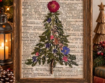 Pressed flower Christmas tree art pressed flower holiday decor handmade floral Christmas decor dried flower Christmas wall art unique gift