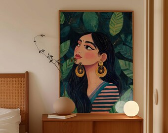 May include: A framed illustration of a woman with long dark hair wearing a pink and blue striped sari and large gold earrings. The background is a dark green with large leaves.