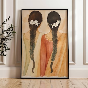 Sœurs indiennes Art aquarelle Desi Art indien imprimable Desi meilleures amies Art fille brune cadeau Desi Inde du Sud meilleures amies Art tamoule