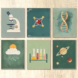 May include: Set of six science-themed wall art prints. Each print features a different illustration: a microscope, an atom model, a DNA strand, a sun and cloud with rain, test tubes, and a planet with rings. The prints have a vintage, distressed look.